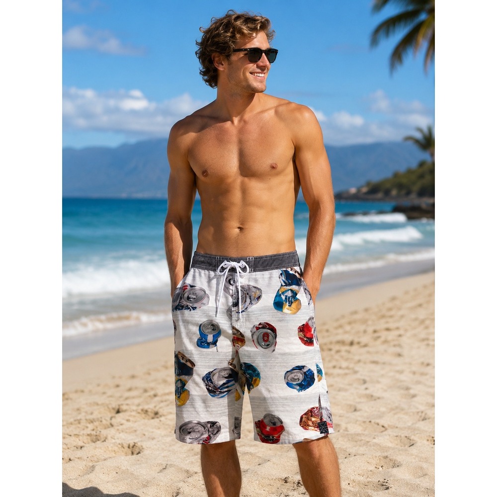 O'Neill Mens Board Shorts Size 30 Crushed Soda Beer Can Print Swim Trunks Grey